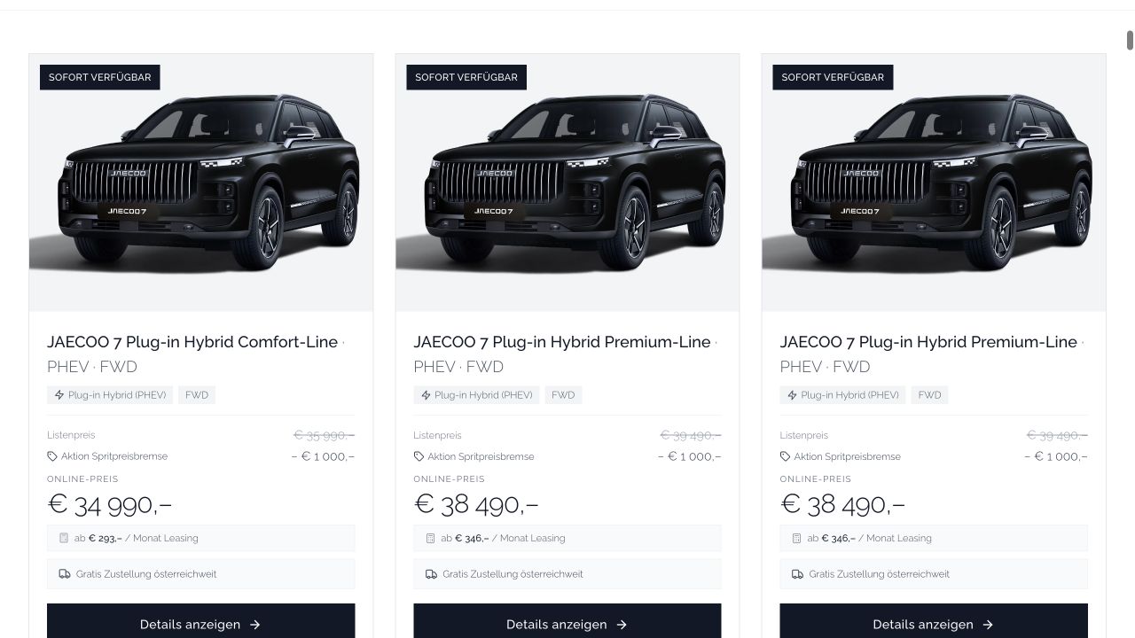 HändlerPilot Fahrzeugübersicht mit sofort verfügbaren JAECOO Modellen, Online-Preisen und Leasingraten