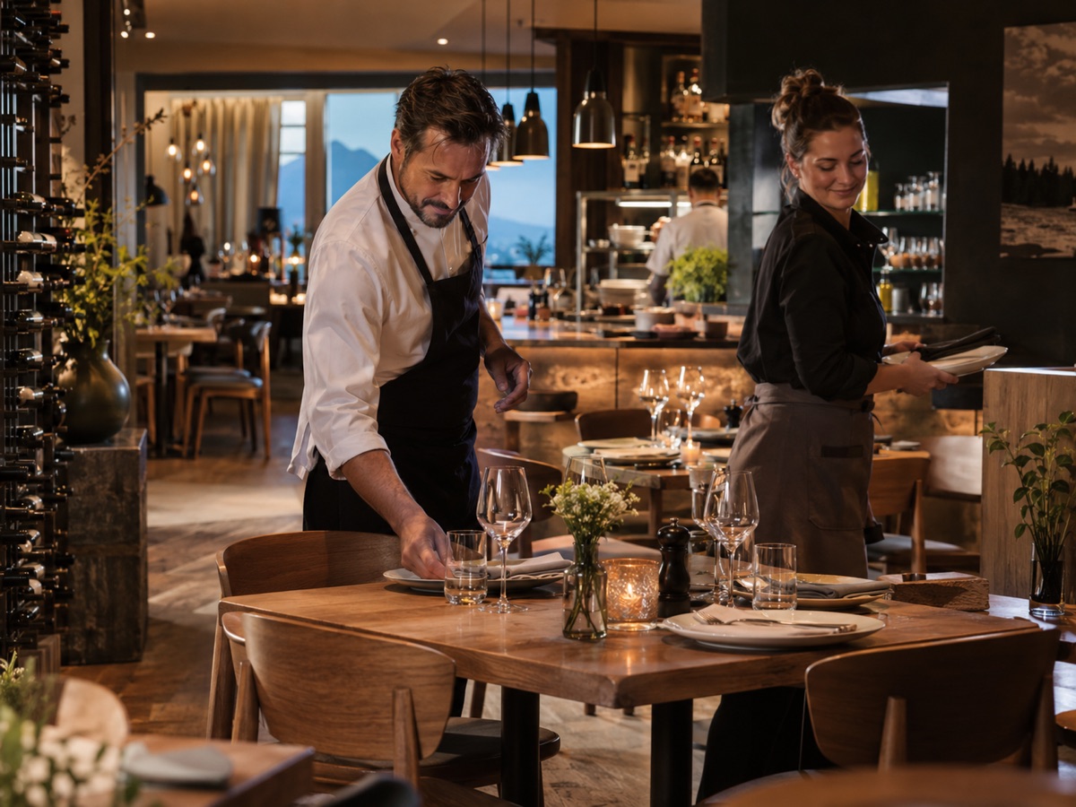 Gastgeber bereiten gemeinsam ein modernes Restaurant vor